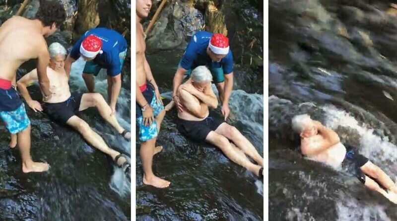 87-летний дедушка бросил вызов своему возрасту и съехал по 7,6-метровому водопаду (3 фото + 1 видео)