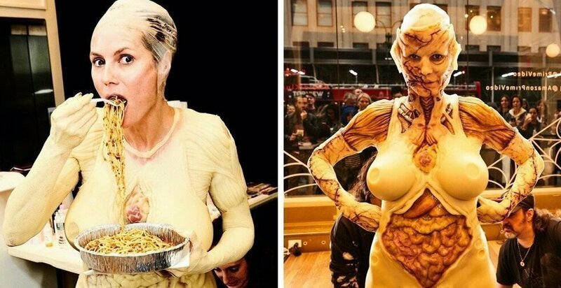 Королева Хеллоуина: Модель Хайди Клум показала свой костюм зомби-пришельца (20 фото)