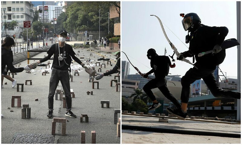 Гонконг бунтует: в ход пошли кирпичи, луки и стрелы (10 фото)