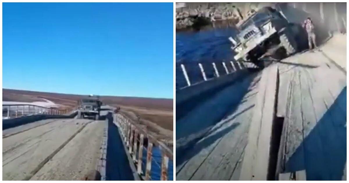 Обрушение моста под грузовиком на Ямале попало на видео (2 фото + 1 видео)