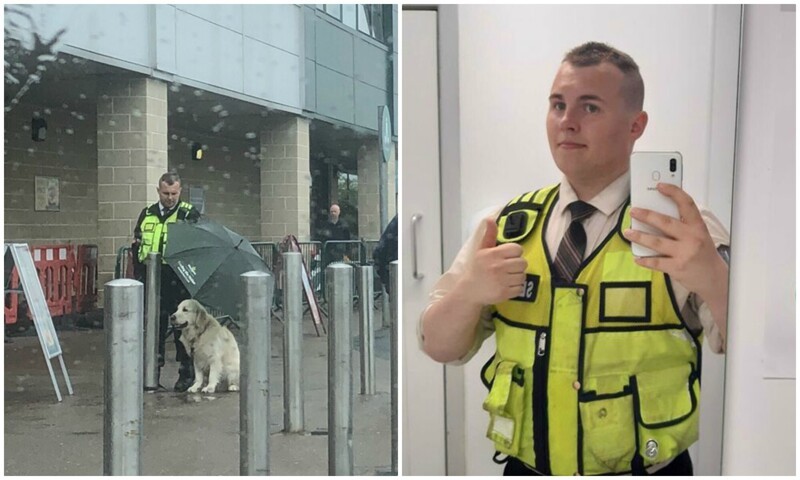 Охранник растрогал соцсети, укрыв чужую собаку зонтом (6 фото)
