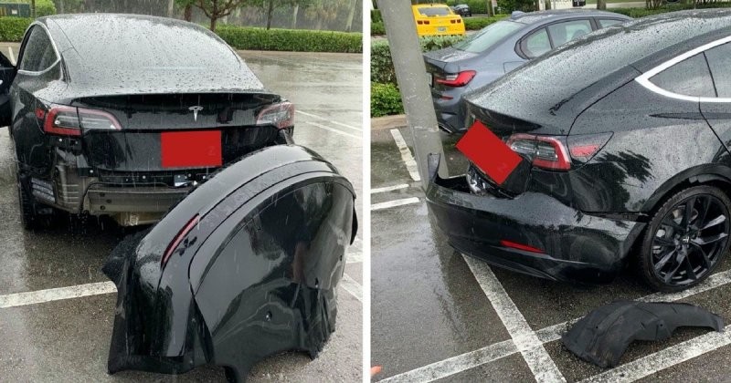 Владельцы Tesla Model 3 жалуются, что задний бампер электромобиля отваливается после езды по лужам (4 фото + 1 видео)