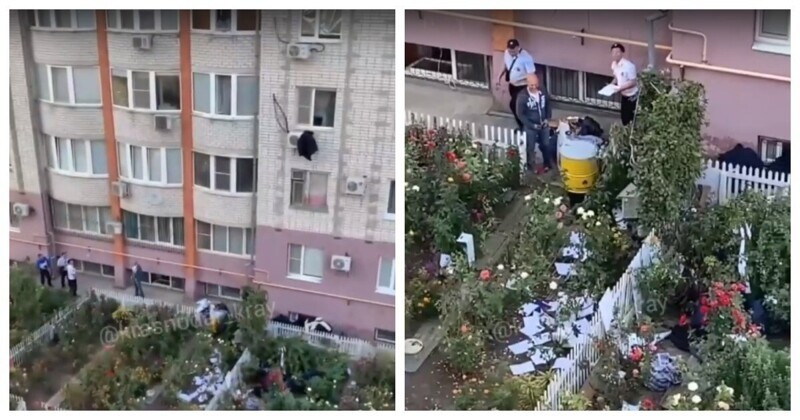 Женщина, узнавшая об измене мужа, стала выкидывать все его вещи из окна… прямо на полицию и казаков (3 фото + 1 видео)