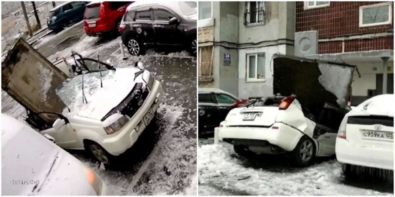 Во Владивостоке бетонная плита упала на машину из-за ледяного дождя (7 фото + 3 видео)