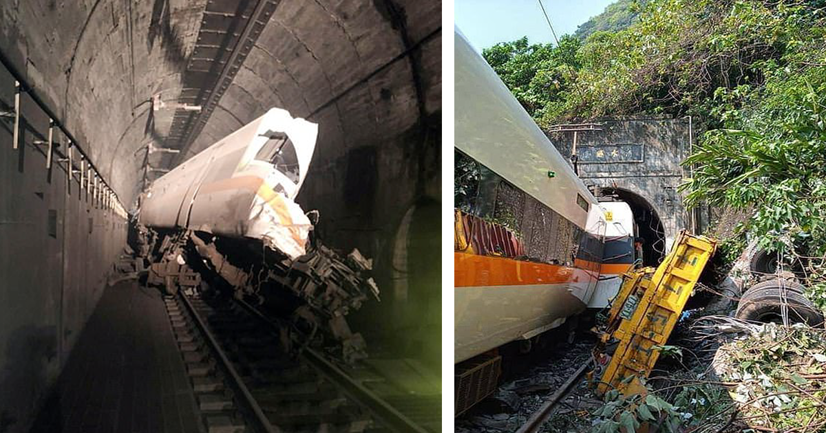 На Тайване поезд врезался в грузовик и сошел с рельсов, не менее 41 человека погибли (19 фото + 1 видео)