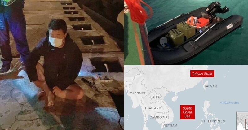 Китаец на резиновой лодке сбежал на Тайвань через пролив, охраняемый двумя флотами (10 фото)