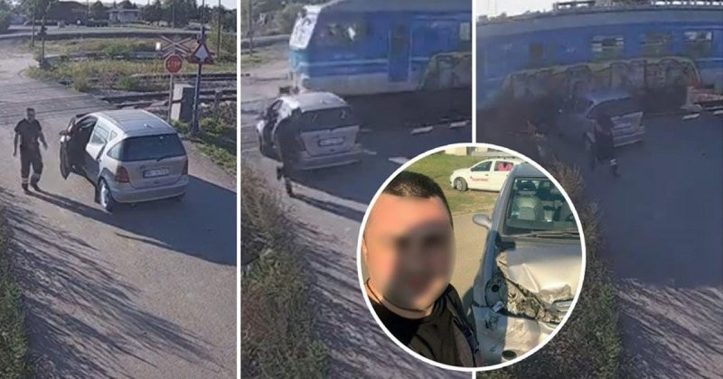 Сербский водитель выпрыгнул из машины за секунду до столкновения с поездом, а затем сделал селфи рядом с разбитой машиной (2 фото + 1 видео)