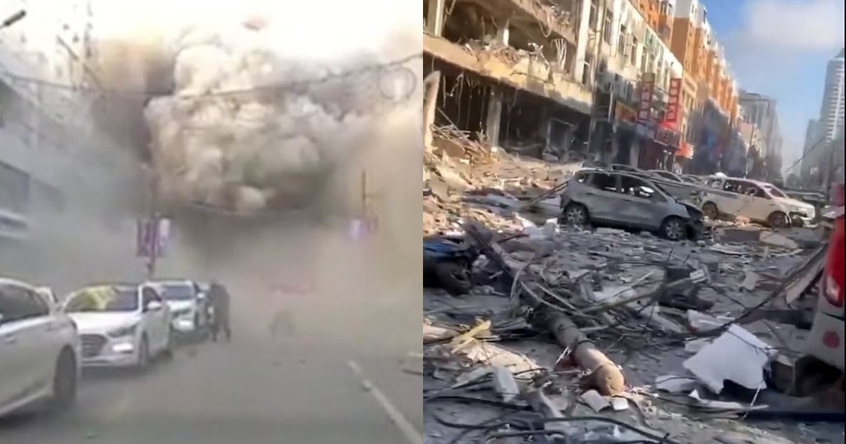 Мощный взрыв в китайском ресторане, разнесший несколько зданий, попал на видео (5 фото)