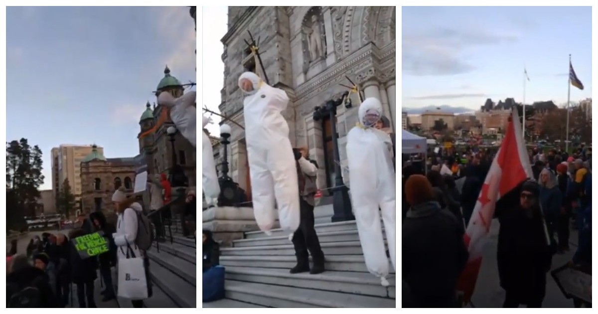 В Канаде протестующие против ковид-ограничений повесили муляжи с фото ведущих политиков (2 фото)