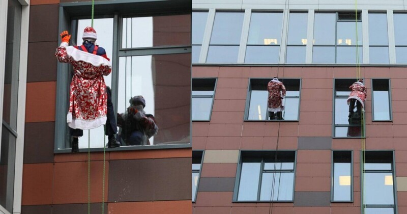 Дед Мороз стучит в окно: 50 спасателей в костюмах Дедов Морозов поздравили маленьких пациентов (6 фото + 1 видео)