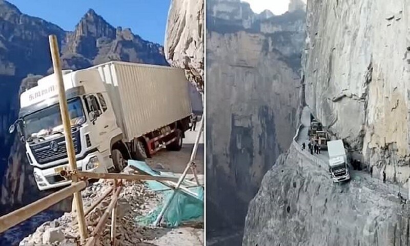 Китайский водитель чуть не уронил грузовик в бездну (5 фото + 2 видео)