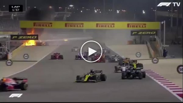 Во время гонки Формула 1 Гран-при Бахрейна взорвался болид Ромена Грожана